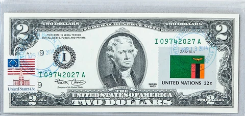 National Currency Note Federal Reserve Bank Two Dollar Bill Gem Unc Flag Zambia Cover