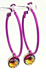 Fuchsia Hot Pink 3-D Mermaid Fish Scales Stainless Steel Enamel Hoop Earrings - Picture 1 of 5