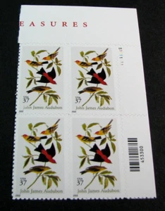 Estampilla en bloque de placa de Estados Unidos Scott# 3650 Scarlet and Louisiana Tanagers 2002 MNH L698 - Imagen 1 de 1