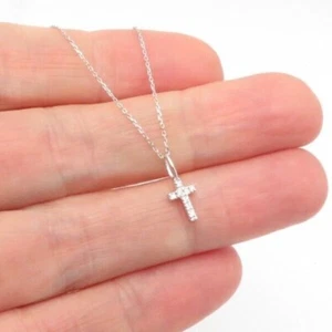 14K SOLID WHITE GOLD TINY NATURAL DIAMOND CROSS DAINTY PENDANT NECKLACE 1/4" - Picture 1 of 10