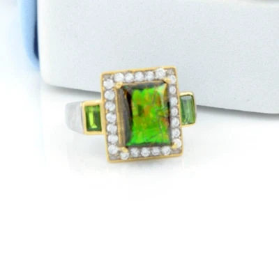 Rechteck Ammolith Ring 925 Silber Zirkon Peridot Edelstein Vintage Stil Schmuck - Bild 1 von 4