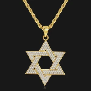 CZ Gold Jewish Star of David Pendant Protection Necklace For Men Chain 24" - Picture 1 of 3