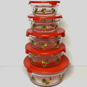 Vtg Clear Glass Nesting 5 Bowls with 5 Lids Rooster Design Cottagecore Farmhouse - Picture 1 of 11