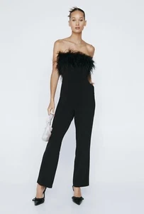 Nasty Gal Petite Bandeau Feather Trim Jumpsuit size US 14 NWT - Picture 1 of 7
