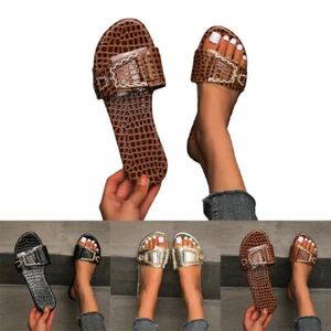 Women Open Toe Buckle Flat Sandals Casual Slippers Indoor & Outdoor Slides Shoes - Picture 1 of 8