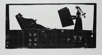 K. LÖFFLER (*1965), Mädchen mit Buch vor Mann im Sessel, nach Brentano,  1993, H - Bild 1 von 4