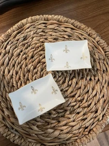 Vintage Golden Wheat Fleur De Lis Trinket Dish Mid Century Ceramic Salt Cellars - Picture 1 of 7