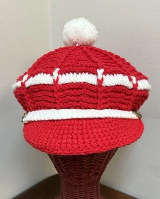 Винтажная ручная вязаная шапка-бини Cabbie Golf Pom Pom красно-белая для косплея - Изображение 1 из 4