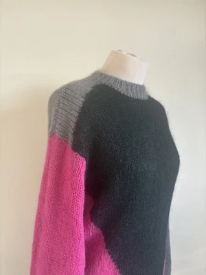 Jersey JOSEPH 67% Mohair Intarsia. M. Negro Rosa Gris Colorblock Diseñador Retro Foto 1 de 4