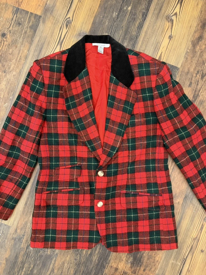Vintage Cambridge Blazer Womens Size 8R Red Plaid Black Velvet Collar - Image 1 of 4