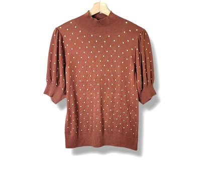 Halogen Polka Dot Sweater Size M Puff Sleeve Feminine Twee Rust Ivory NWT Modest - Image 1 of 4