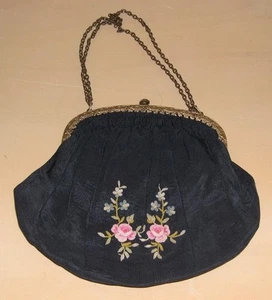 Vintage schwarze Stoff Handtasche/Handtasche, Blumenmuster, Kettengriffe, 6 1/2" - Bild 1 von 1