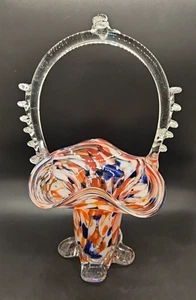 Jarrón vintage grande de vidrio artístico rumano con canasta moteada rojo blanco azul 12" - Imagen 1 de 7