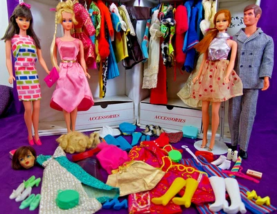 BIG Vintage 4 MOD DOLL LOT TNT GROWIN Barbie STACEY KEN Print Sparkle Clothing - Image 1 of 4