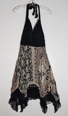 Vestido Sangría Mujer 8 Negro Marrón Seda Halter Pañuelo Dobladillo Cóctel Acanalado Foto 1 de 4