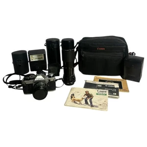 Canon AE-1 Program 35mm SLR Camera w/ 50mm Lens, 100-200mm Lens & Extras, READ - Picture 1 of 23