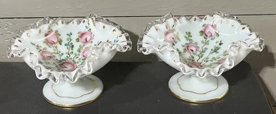 Vtg Fenton Glass Matching Hand Painted “Charleton Rose'Sliver Crest Compotes - Image 1 of 4