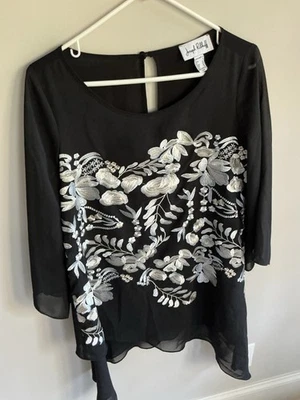 Top túnica negra Joseph Ribkoff talla 4 floral bordado pañuelo dobladillo + manga Foto 1 de 4