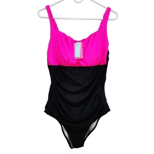 Pink & Black One-Piece Swimsuit  Ruching & Adjustable Straps  Aqua Eve Size XL - Picture 1 of 9