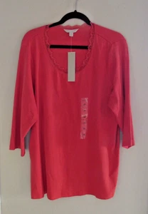 NWT LAURA ASHLEY RUSSNPOPPY LACE TRIM 3/4 SLEEVE PULLOVER STRETCH TOP 2X - Picture 1 of 8