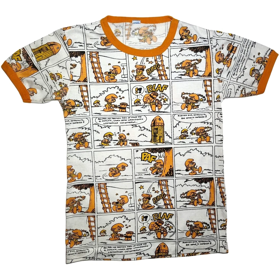 Vtg Carter's Orange Smurfs Comic Cartoon Pajama Shirt Top 12 Anos Years Spanish - Image 1 of 4
