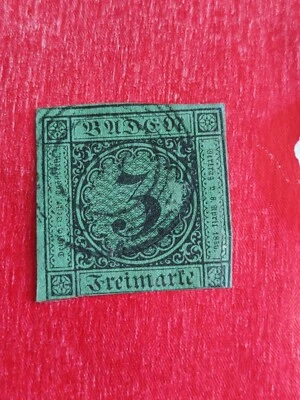 Rare German States  BADEN, Stamp 1858.3k Black  On Green Used  H (2610-3) - Image 1 of 2