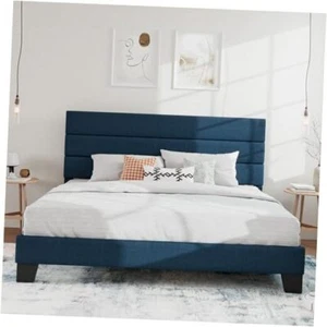 Platform Bed Frame with Upholstered Fabric Headboard, Mattress King Blue - Picture 1 of 6