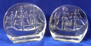 2 Pilgrim "Mayflower" Clear Glass Bookends, Sailing Ships Mid-Century Modern USA - Picture 1 of 9