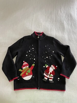 Cárdigan de Navidad Cremallera Completa Mercer Street Studio Talla M Papá Noel Muñeco de Nieve Cuentas Foto 1 de 4