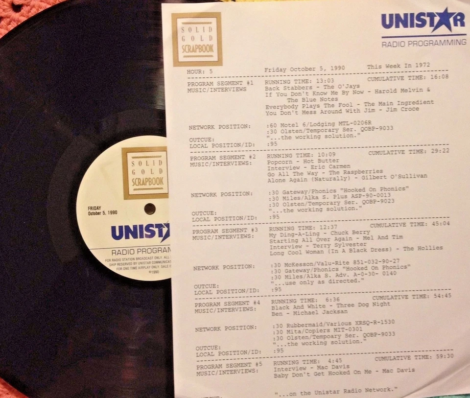 RADIO SHOW 10/5/90 THIS WEEK IN 72: CHUCK BERRY, HAROLD MELVIN/BLUE NOTES,O'UAYS - Image 1 of 1