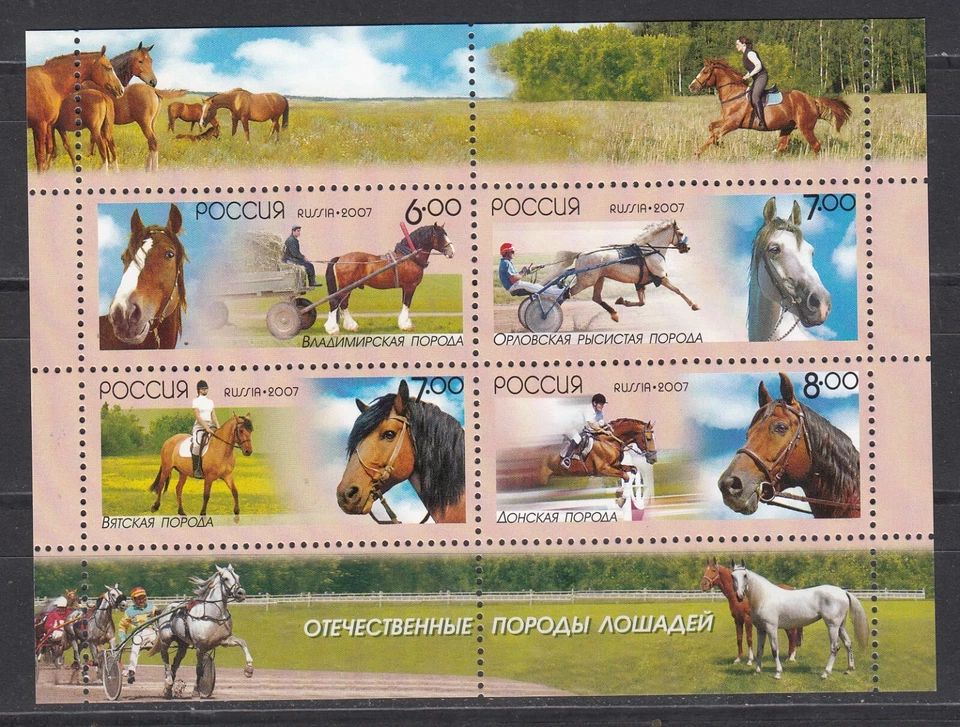 Russia 2007 Mi.#Block 107 Horses souvenir sheet of 4 stamps - Image 1 of 1