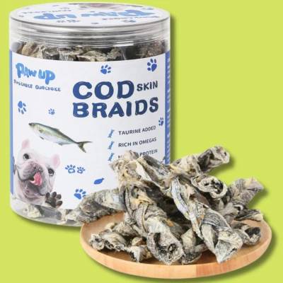 Trenzas de piel de bacalao golosinas naturales secas para perros bocadillos palitos con taurina 7 OZ Foto 1 de 4