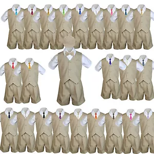Baby Boys & Toddler Formal 6pc Khaki Vest Shorts Suits Extra Necktie Outfit - Picture 1 of 28