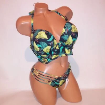 Bikini de natación Victoria Secret 36DD superior pequeño inferior bomba push up negro verde Foto 1 de 4