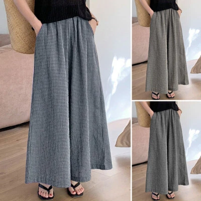 UK Womens Elastic Waist Check Plaid Trousers Dress Wide Leg Casual Loose Pants - Image 1 of 4