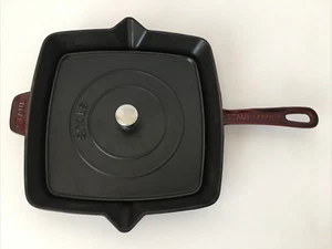 Staub Grill Pan Cast Iron W/ Press RED Enamel Frying Pan Square 12" - Picture 1 of 12