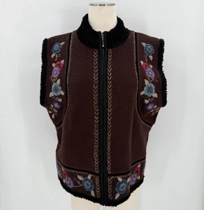 Icelandic Womens Brown 100% Wool Embroidered Vest Size XL Faux Fur Boho Artsy - Picture 1 of 13