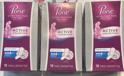 3~POISE ACTIVE Colección Almohadillas Ultra Delgadas Alas 4 Moderadas 18CT RETIRADAS DIFÍCIL DE ENCONTRAR Foto 1 de 4