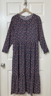 Old Navy Blue Floral Long Sleeve Tiered Midi Dress LG Boho Peasant Cottagecore - Image 1 of 4