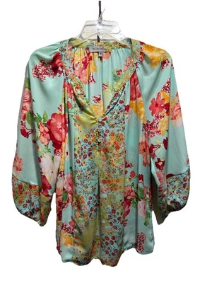 Blusa Figueroa y Flor Mujer Talla M Verde Estampado Floral Botones Popover Transparente Foto 1 de 4