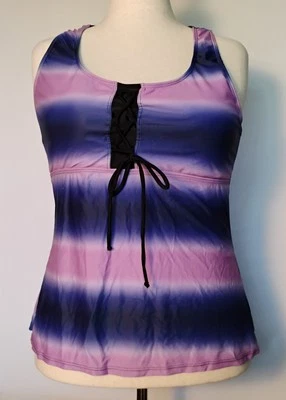 紫色条纹 2 件装赛车泳装美国尺寸 XL (12-14) 40 英寸半身长短裤新品 — 第 1/4 张图片