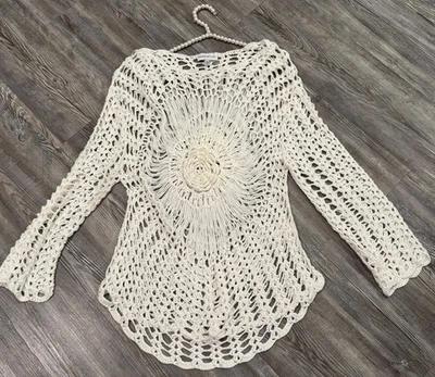 Top Pullover MELROSE WITH LOVE Para Mujer Blanco Tejido Crochet Mangas Campana Largas S/M Foto 1 de 4
