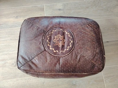 Vintage Bohemian Tan Leather Pouffe With Symbolistic Aztec Decoration - Image 1 of 4