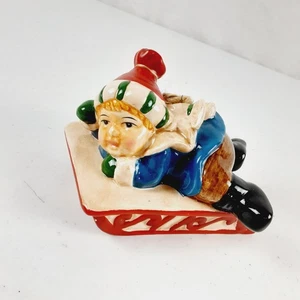Ceramic Christmas Ornament Boy on Sled Winter Sleigh Sledding Child - Picture 1 of 12