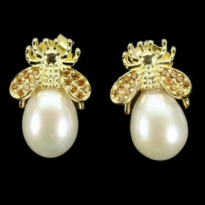 925 Sterling Silver Earrings Round Sapphire Pearl Natural Gemstone Bee Jewelry - Picture 1 of 14