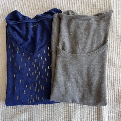 Lote grande de 2 camisas Eileen Fisher para mujer 100 % lino gris topo azul lentejuelas cuello en V Foto 1 de 4
