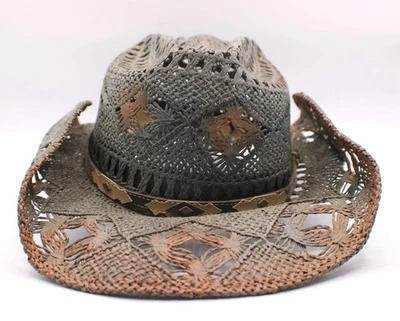 Mel-Rod Hats Woven Straw Cowboy Rockabilly Cutouts Gray Brown Ombre Ornate Band - Image 1 of 4