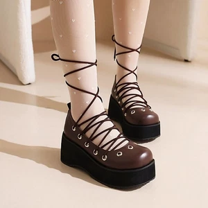 Zapatos de mujer con plataforma punta redonda con cordones 6,5 cm tacón medio de cuña suela gruesa primavera - Imagen 1 de 25