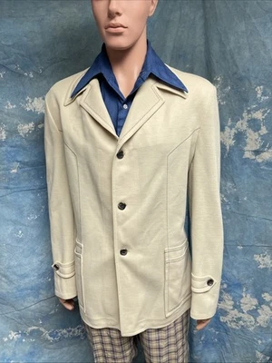 Винтажный 1970-х полиэстер кремовый 3 кнопки Leisure куртка спортивное пальто 46 большой - Изображение 1 из 4