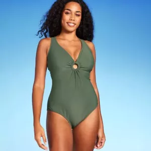 Shade & Shore Ribbed Plunge Ring Detail One Piece Swimsuit Womens Large Green - Picture 1 of 8